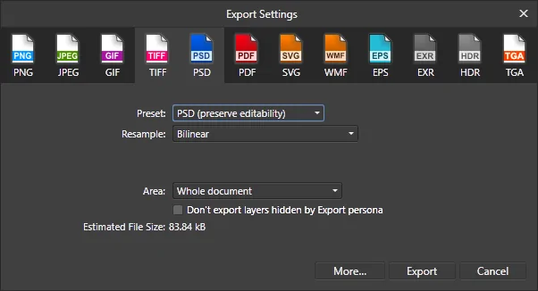 Affinity Photo Export Settings - PNG, JPG, GIF, PSD and others.