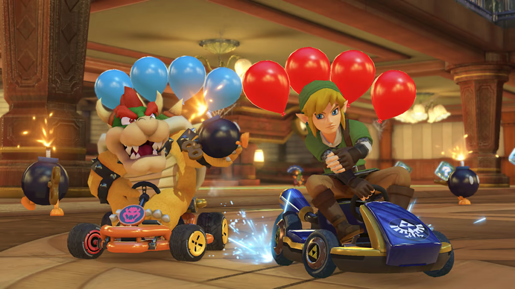Bowser and Link in Mario Kart 8 Deluxe.