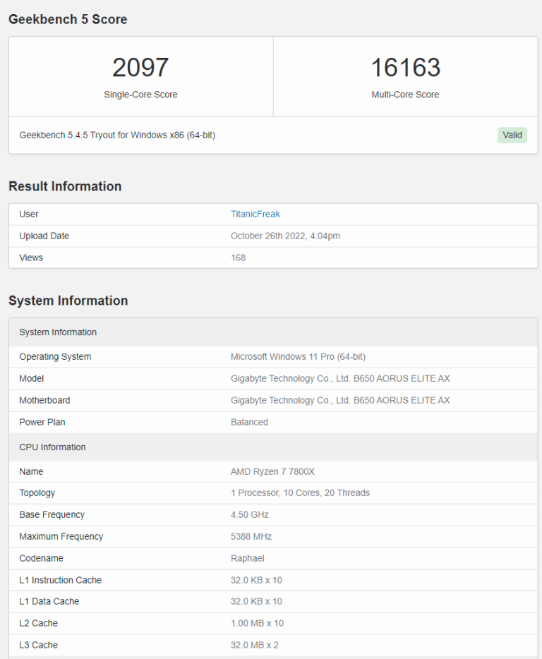 AMD Ryzen 7 7800X Geekbench Results