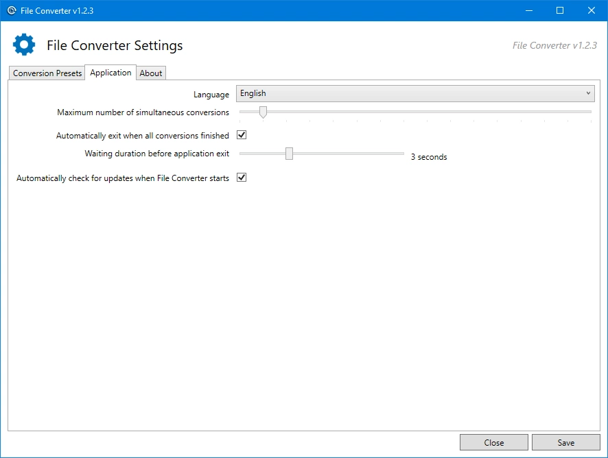 File Converter Settings Application Tab