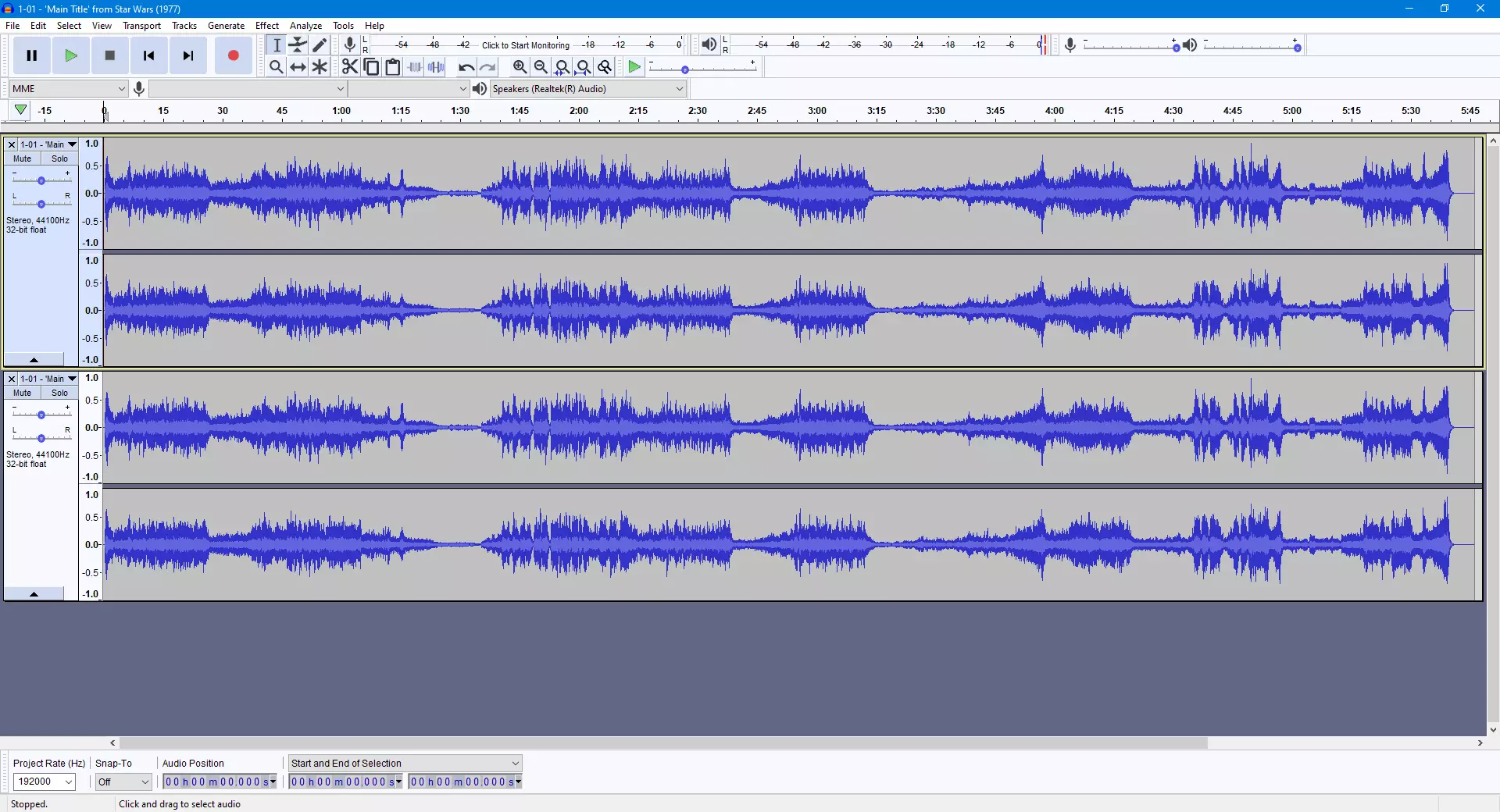 File Converter audio test in Audacity.