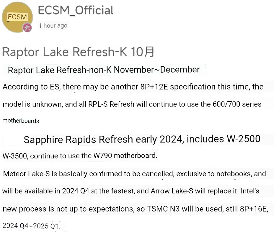 Intel 14th-Gen Raptor Lake Refresh Release Date. ECSM_Official