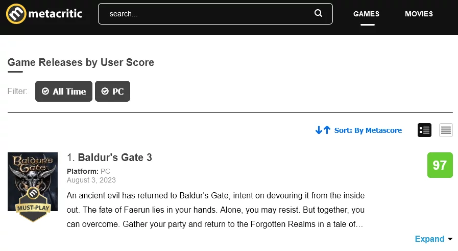 Baldur's Gate 3 tops charts as highest-rated PC game ever on Metacritic,  best overall game ever on OpenCritic