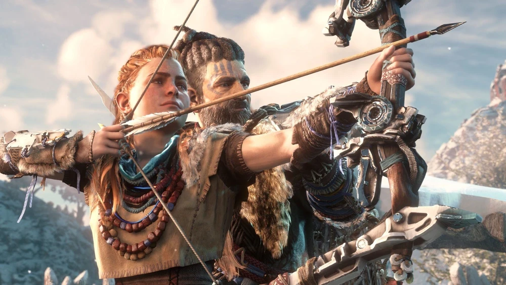 Aloy Preparing To Shoot An Arrow With Help Of Rost. Credit: Sony and Althyk at Horizon Fandom.